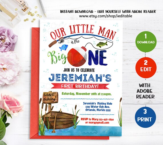Fishing Invitation, Fishing Birthday Invitation, Fishing Party ,The Big One, Instant download, template, Gone Fishing, Big 1, Watercolor Il_570xn