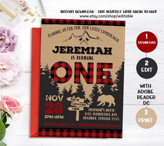 LUMBERJACK INVITATION, Lumberjack 1st Birthday Invite, First Lumber Jack, Forest Wood, Plaid, Wilderness Bear Boy Instant download editable Il_570xn