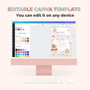 May include: A pink and green Canva template for a fairy-themed first birthday party invitation. The template features a floral background with fairies and the text "Olivia's Fairy First Birthday Party".