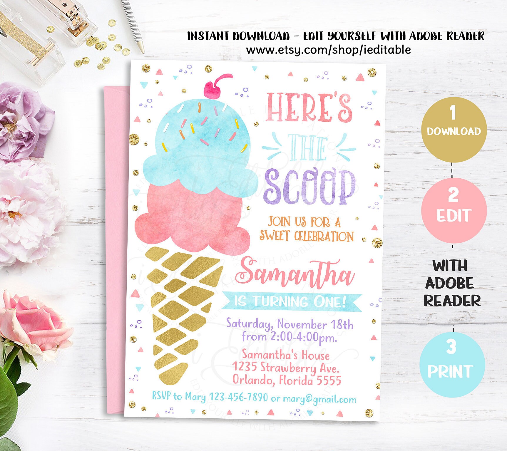 Ice Cream Invitation Ice cream birthday invite Instant Etsy