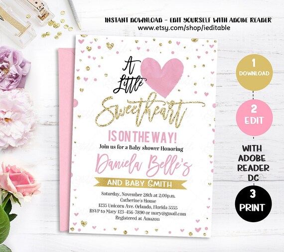 Valentine Baby Shower Invitation, Sweetheart Baby Shower Invitation Heart Baby Shower Valentines Day Baby Instant Download Editable Il_570xn