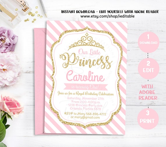 Pink and Gold Princess Birthday Invitation, Chevron Invitation, Girl invite, Gold Glitter invitation, Printable Editable, Instant download Il_570xn