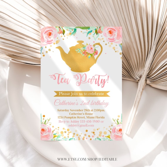 Tea party invitation Editable Tea Party Invite Floral Tea for Two Invitation Blush Pink Gold Pastel Flowers 2nd  Girl Printable Template