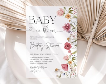 Baby in Bloom Zaproszenie na Baby Shower Edytowalne zaproszenie kwiatowe Garden Party Wildflower Szablon do wydruku Cyfrowe pobieranie