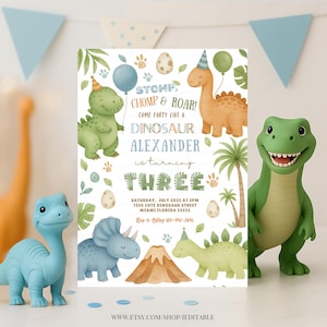 Puede incluir: Una invitación de fiesta de cumpleaños de dinosaurio imprimible con una ilustración de dinosaurio verde, naranja y azul. La invitación dice "Stomp, Chomp & Roar! Come party like a Dinosaur Alexander is turning Three. Saturday, July 2023 at 2PM 1234 Cute Dinosaur Street Miami Florida 55555 Rsvp to Ashley 123-456-7890 www.etsy.com/shop/ieditable"