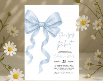 She’s Tying the Knot Bridal Shower Invitation Editable Blue Bow Themed Bachelorette Invite Template Printable Digital Download