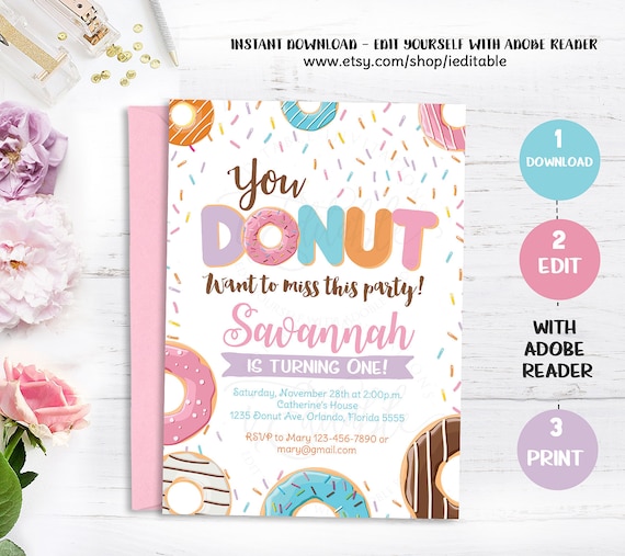 Donut Birthday Invitation, Doughnut Instant download, Editable Template, Donut Invite, Donut Party, Donut Party Invitation Donut Grow Up PDF Il_570xn