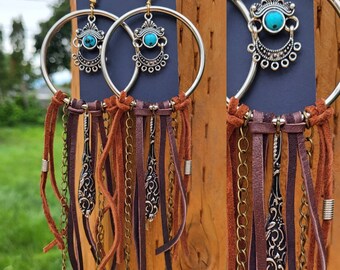 Silver Spoon Earrings, Spoon  Jewelry, Leather Earrings, Witchy Earrings, Witchy Jewelry, Boho Earrings, Boho Jewelry, Silver Earrings