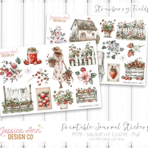 Strawberry Fields Printable Stickers, Printable Strawberry Stickers, Strawberry Deco stickers, Planner Deco, Journal Deco, Printable Florals