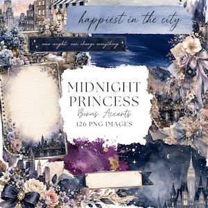 Elementi bonus di Cenerentola per Mod City, linguette per agenda ad acquerello, carta strappata, nastro washi, etichette, cornici, effimeri per scrapbooking PNG