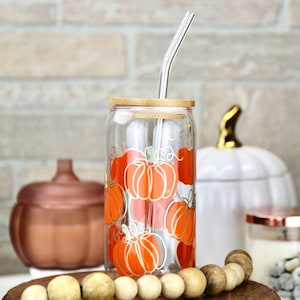 Pumpkin Glass Beer Can Cup, Halloween Fall Personalized Glass Tumbler, Iced Coffee Cup