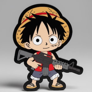 Op de afbeelding: Cartoonafbeelding van een personage uit de anime-serie One Piece, met een strohoed en een geweer. Het personage draagt een rood shirt, een blauwe korte broek en sandalen. De afbeelding heeft een zwarte omtrek.