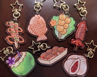 Night Market Food themed Acrylic Charms - Grilled Squid Taiyaki Takoyaki Yakitori Coconut Bao Fried Fish Balls