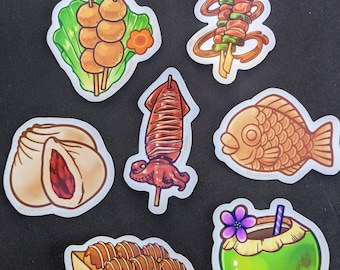 Night Market Food themed Vinyl Stickers - Grilled Squid Taiyaki Takoyaki Yakitori Coconut Bao Fried Fish Balls