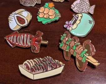 Night Market Food themed Hard Enamel Pins - Grilled Squid Taiyaki Takoyaki Yakitori Coconut Bao Fried Fish Balls