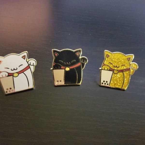 Maneki Boba Hard Enamel Pin - Neko Cat Milk tea (White, Black, and Gold)