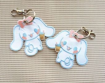 Cute Sanrio milk tea Embroidered Tag Keychain - Kawaii boba jet tags (Pompom Purin, My Melody, Kuromi, Pochacco, Cinnamoroll, Badtz Maru)