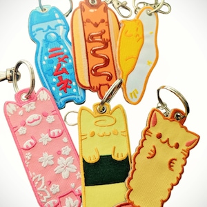 Cute Cat Embroidered Tag Keychain - Kawaii neko jet tags (Tamago, Sakura, Ramune, Fried egg, Hot dog, Tempura)
