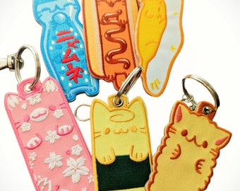 Cute Cat Embroidered Tag Keychain - Kawaii neko jet tags (Tamago, Sakura, Ramune, Fried egg, Hot dog, Tempura)