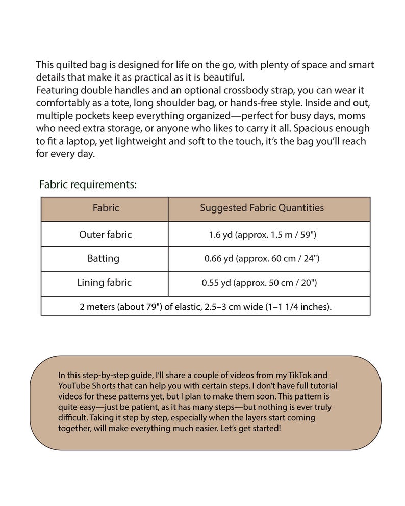 May include: Image of a guide for a quilted bag, with fabric requirements listed. The guide suggests 1.6 yards of outer fabric (approx. 59 inches), 0.66 yards of batting (approx. 24 inches), and 0.55 yards of lining fabric (approx. 20 inches).