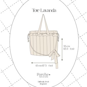 May include: A beige tote bag with vertical stripes, a drawstring top, and a bow detail. The bag is 45 cm (17 3/4 in) wide and 35 cm (13 3/4 in) high. Text on the image reads "Tote Lavanda", "Porche", and "Step by step Guide".