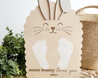 Easter Footprint Art | Some Bunny Loves You | First Easter | Baby Toddler Kids Easter Craft | DIY | Wood Keepsake