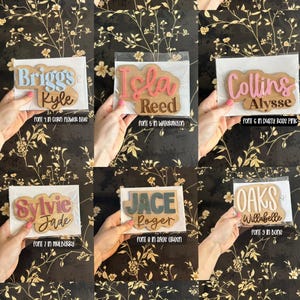 May include: A collection of 12 personalized wooden signs with various names and fonts. The signs are painted in different colors, including dusty rose pink, mulberry, cornflower blue, watermelon, sage green, and bone.