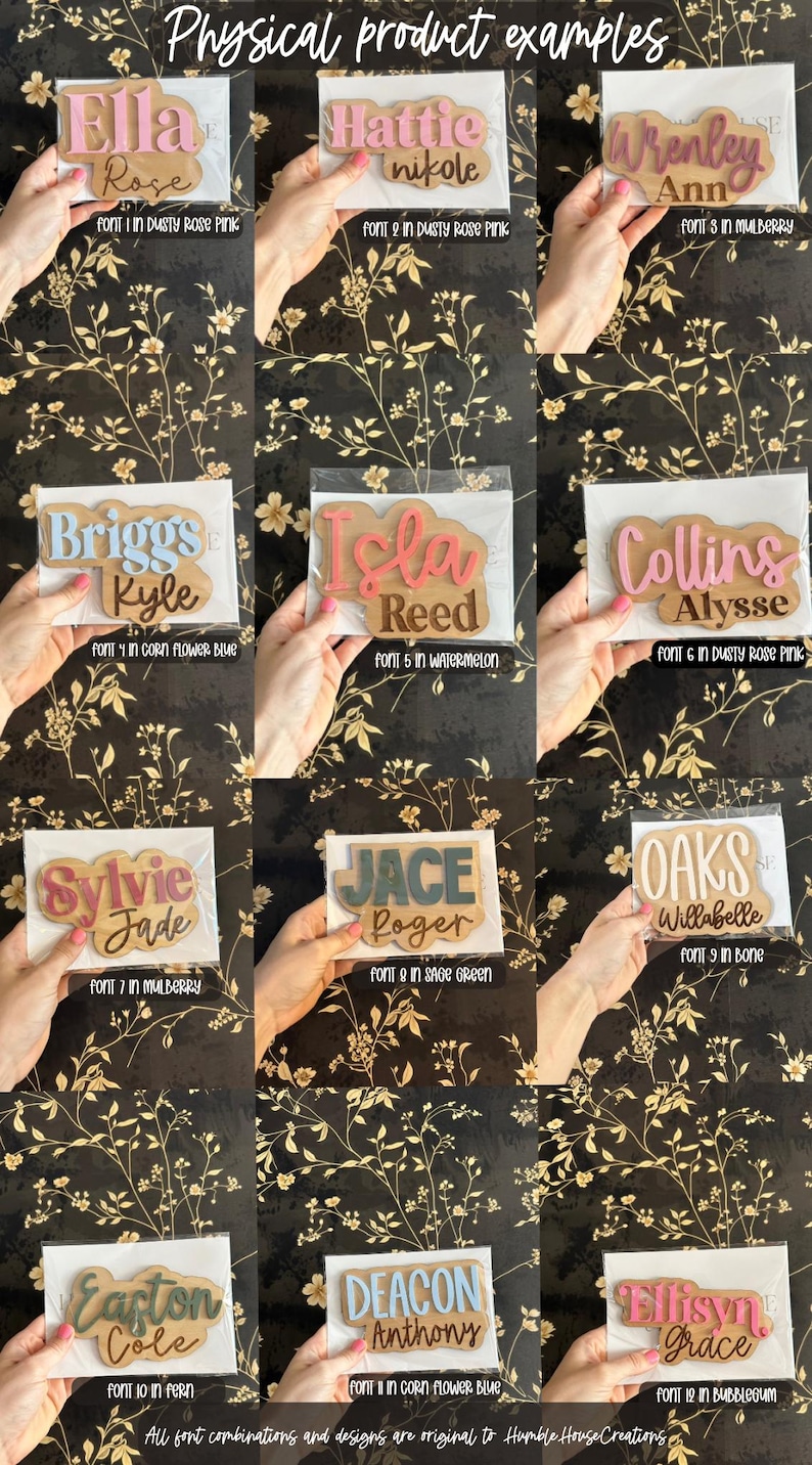 May include: A collection of 12 personalized wooden signs with various names and fonts. The signs are painted in different colors, including dusty rose pink, mulberry, cornflower blue, watermelon, sage green, and bone.