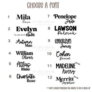 May include: A chart with 12 different font styles for names. Each font style is paired with a name, such as Mila, Evelyn, Autumn, William, Atlas, Charlotte, Penelope, Lawson, emerSyn, Cohen, Madeline, and Merritt.
