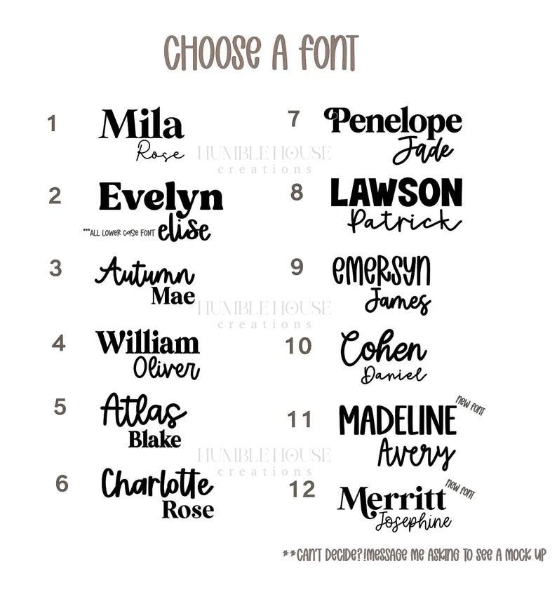 May include: A chart with 12 different font styles for names. Each font style is paired with a name, such as Mila, Evelyn, Autumn, William, Atlas, Charlotte, Penelope, Lawson, emerSyn, Cohen, Madeline, and Merritt.