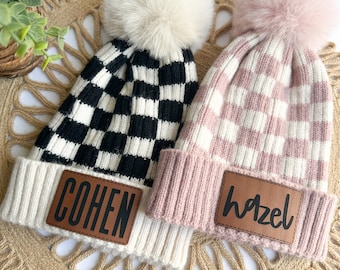 Original karierte Babymütze | Personalisierte Name Kleinkind Hüte | Strickmütze mit Namen Baby Name | Hüte Säugling Kleinkind-Hut | Babyparty-Geschenke