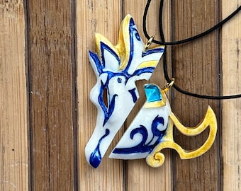 Fan Art Kindred Porcelain Necklace inspired by LOL - BFF, Kids Valentine handmade pendant white gold blue lover and friend gift present