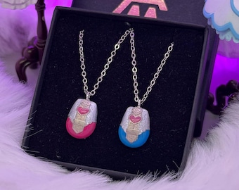 Handmade metal pendant necklace and earrings magical girl phone tranformation - Pretty Cure Black and White, pink and blue charms friendship