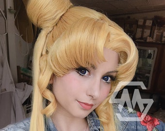 Inspired cosplay and prop wig - long blonde white gold silver yellow cosplay wig with ponytails 80 90 hairstyle anime and manga replica