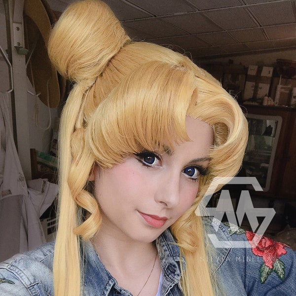 Inspired cosplay and prop wig - long blonde white gold silver yellow cosplay wig with ponytails 80 90 hairstyle anime and manga replica