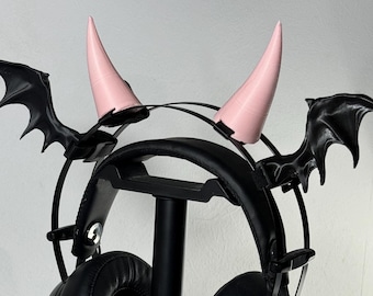 Black batwings and soft pink demon horns Headset Accessories - Headset Ears, flower and wings Gaming and Streaming Headphones Attachment