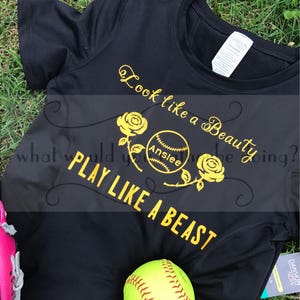 Look like a Beauty, Play Like a Beast personalized softball dri-fit  tee Disney