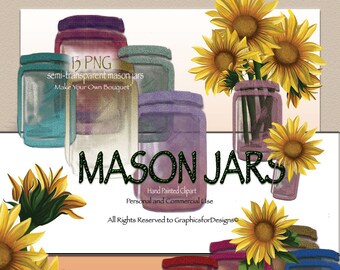 Semi Transparent Mason Jars, Sunflower Clip Art, Photoshop Overlays, Invitation Clipart, Commercial Use Clipart, Create Your Own Bouquet