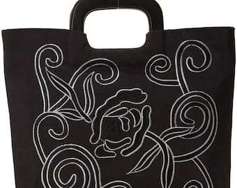 Silk Taffeta Tote with Wooden Handles and Hand Embroidery