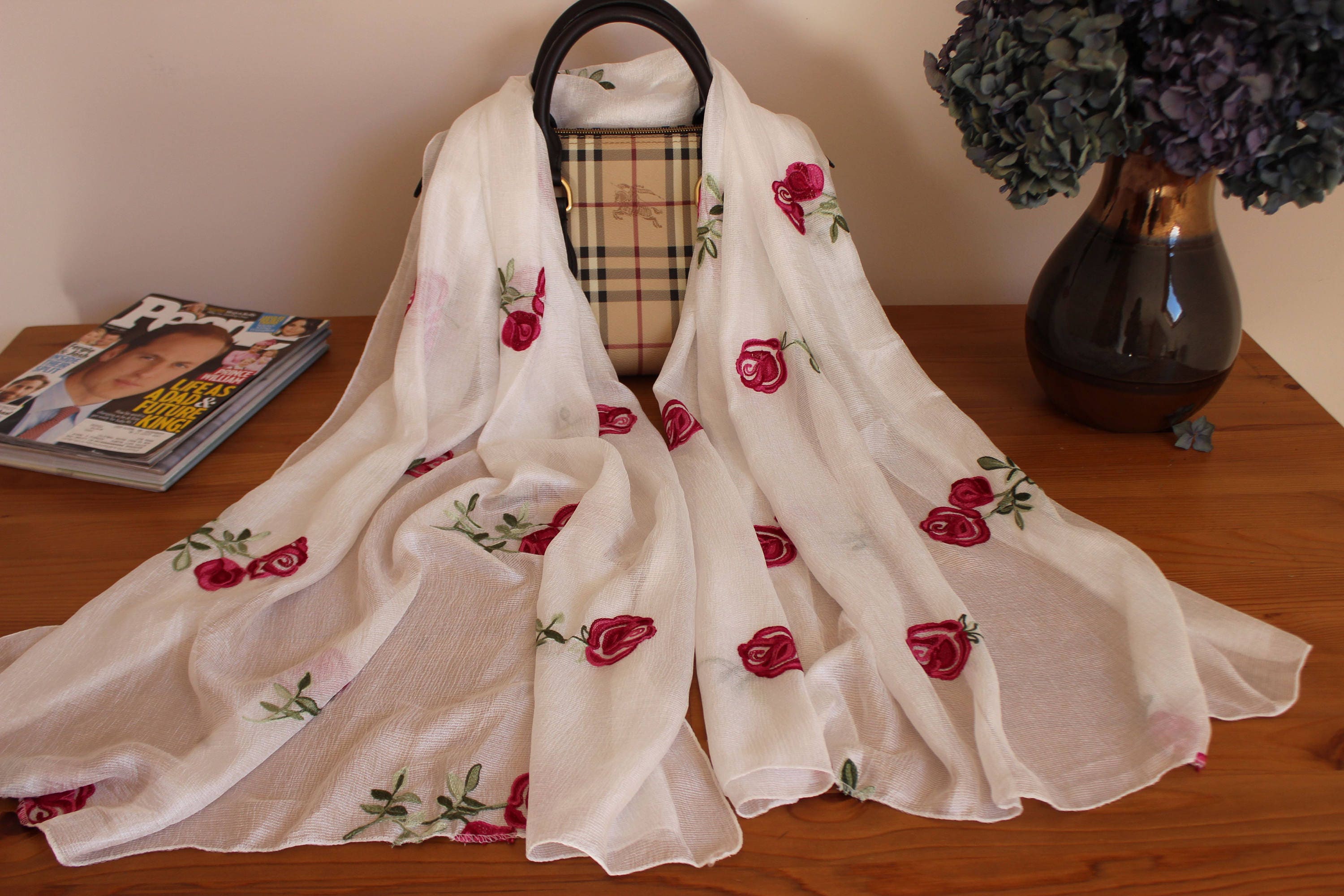 Embroidered Silk Scarf: Handmade Vietnamese Floral Scarf (35x68 ...