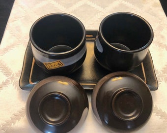 Vintage  Set of 2 Tea Cup with tray, Ceramic Espresso Cup with lines, Stoneware Tumbler, Japanese Tea Cup Made in Japan / 70s