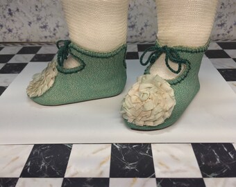 Leather doll shoes 8 cm - 3 1\8 " French style for an antique doll mint green .