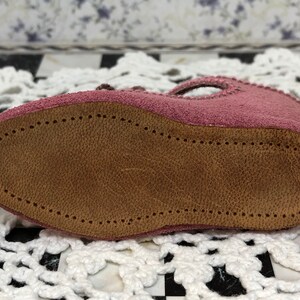 Leather suede doll shoes 8 cm 3 18 German style for an antique doll lilac pink with brass decorations . image 7