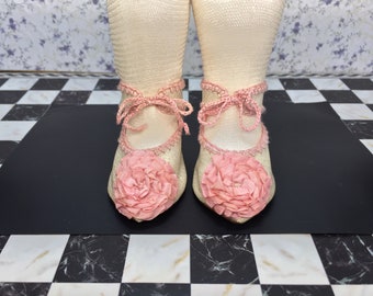 Leather doll shoes 7,6 cm - 3 " French style for an antique doll white and pink