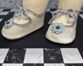 Leather doll shoes 8 cm  -   3 1\8  "  German style for an antique doll worn white with soft blue rosette .