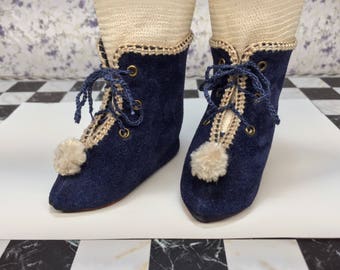 Leather doll boots 6,5 cm  -  2 4\8 "  French style for an antique doll dark blue.