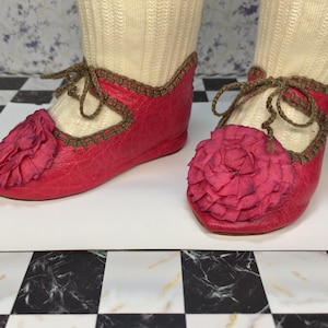 Lederen poppenschoenen 9,5 cm Franse stijl voor een antieke pop fuchsia  .
