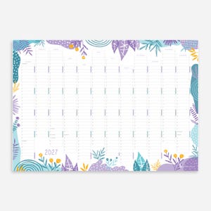 Puede incluir: Un calendario de pared para 2027 con una cuadr&iacute;cula para doce meses. El dise&ntilde;o incluye coloridas ilustraciones bot&aacute;nicas y abstractas en tonos morados, azules y amarillos a lo largo de los bordes superior e inferior sobre un fondo blanco.