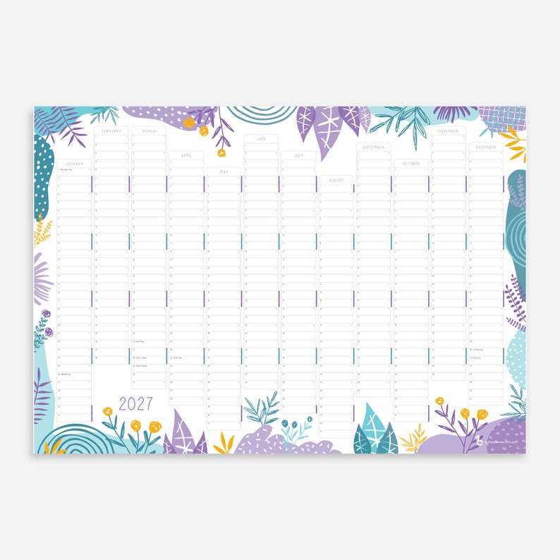Puede incluir: Un calendario de pared para 2027 con una cuadr&iacute;cula para doce meses. El dise&ntilde;o incluye coloridas ilustraciones bot&aacute;nicas y abstractas en tonos morados, azules y amarillos a lo largo de los bordes superior e inferior sobre un fondo blanco.