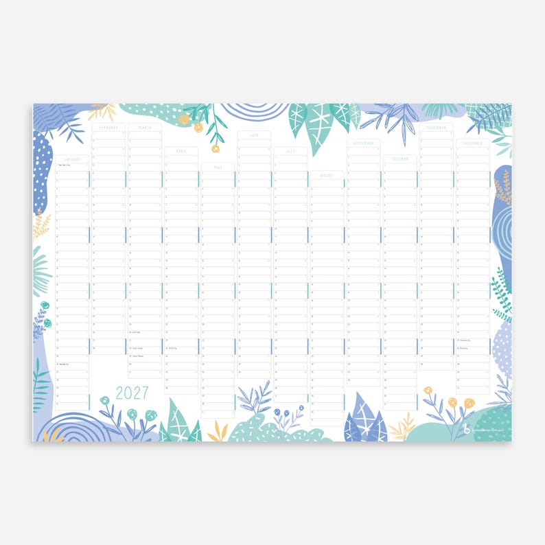 Puede incluir: Un calendario de pared para 2027 con una cuadr&iacute;cula vertical para cada mes del a&ntilde;o. El dise&ntilde;o presenta un fondo blanco con bordes decorativos de ilustraciones bot&aacute;nicas abstractas y patrones de follaje en azul, turquesa y amarillo.